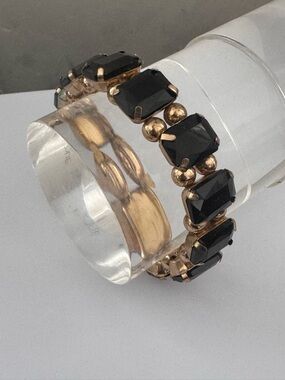 Vintage Bracelet Gold Toned Stretchy Rectangle Black Dark Cherry Rhinestones